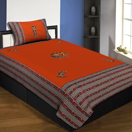 JaipurFabric® Cotton 180 TC Jaipuri Hand Made Embroidery Patch Work Single Bedsheet with 1 Pillow Covers (60" X 90"), Orange