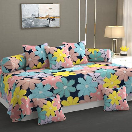 Floral Printed Diwan Set Covers Cotton 3D Flower Printed 8 Pieces Diwan Set (1 Single Bedsheet, 2 Bolster Covers, 5 Cushion Covers) (3D-Multi)