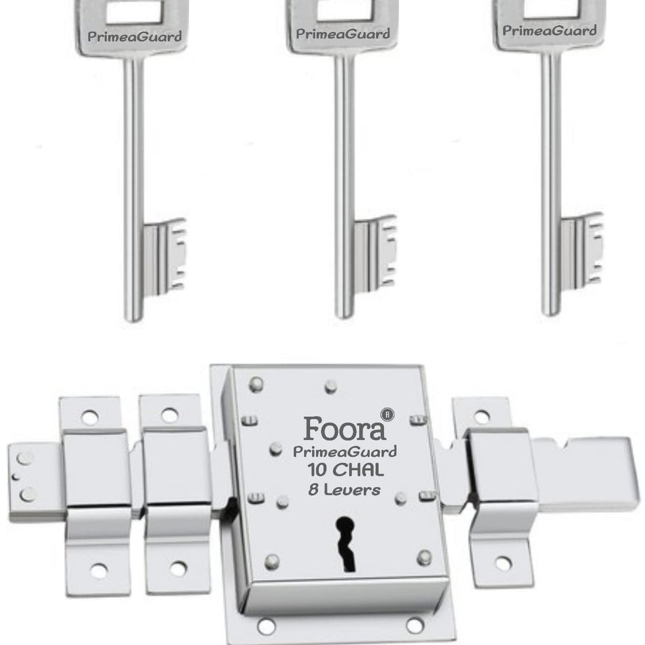 Foora PrimeGuard 10 Chal with Extra Key, 8 Lever,Silver Finish,10 Chal Main Gate Lock,Operated Both Side Inter Lock