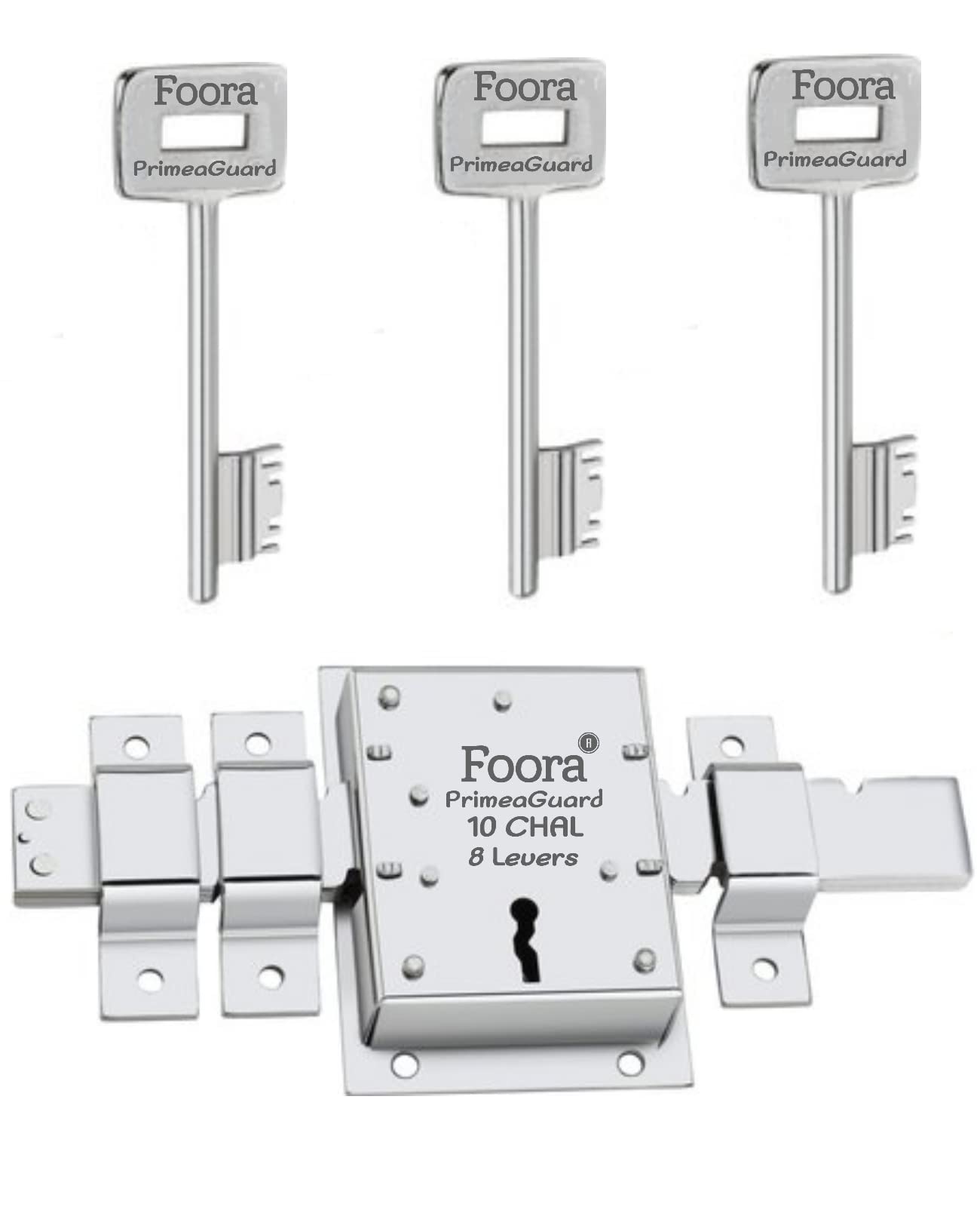 Foora PrimeGuard 10 Chal with Extra Key, 8 Lever,Silver Finish,10 Chal Main Gate Lock,Operated Both Side Inter Lock