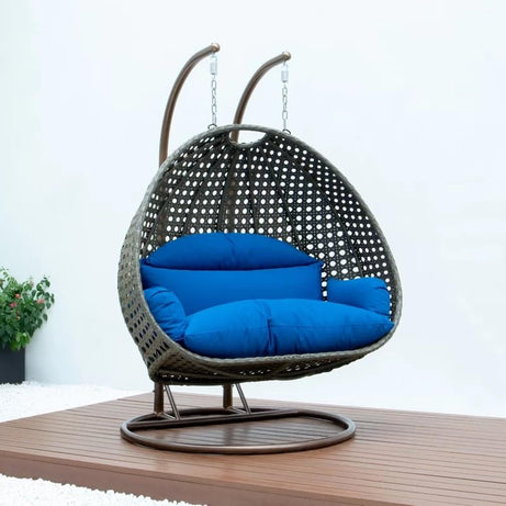 Candid Home Designer Double Seater Heavy Iron Hanging Swing Chair with Tufted Soft Deep Cushion with Stand Backyard Relax for Indoor, Outdoor, Balcony, Patio, Home & Garden (Brown + Navy Blue)