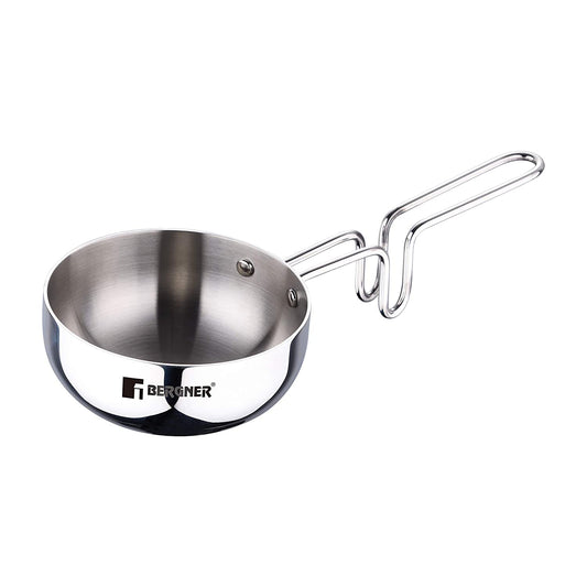 Bergner TriPro TriPly 12 cm Tadka Pan, 0.5 L Capacity, For Spice Tempering/Seasoning, Long Wire Handle, Laser-Etched Scale, Smooth Finished Surface, Induction & Gas Ready, 5-Year Warranty