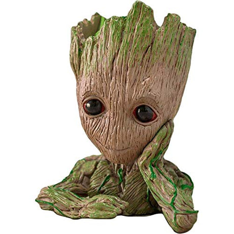 Unique Shape Marvel Avengers Infinity War Pot Groot Wooden Look Tree Flowerpot Cum Pen Container- Tree Man, 16 cm, White, 1 Piece