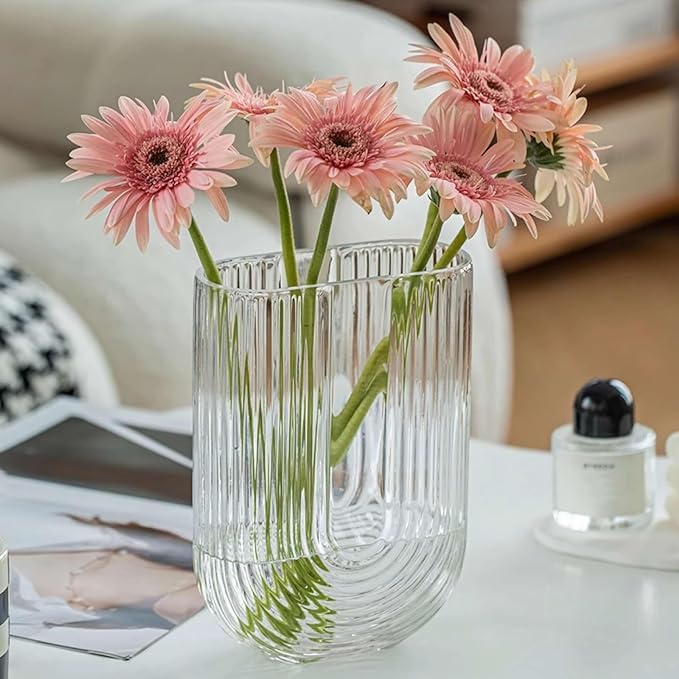 Bs amor Clear Ribbed Glass Flower Vase, 7.3" H Modern Small Vase, Ellipse U Shaped Fluted Striped Decorative Vase, Fit for Home Living Room Table Decor (Open:5" x 2.6")