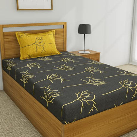 HUESLAND by Ahmedabad Cotton 144 TC Cotton Single Bedsheet with 1 Pillow Cover - Grey and Yellow