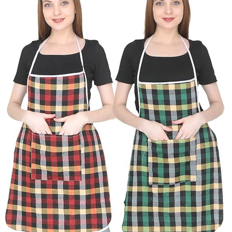 QUALCOSA KITCHEN Waterproof Cotton Kitchen Apron for Unisex with Front Pocket - Set of 2(Color and Design May Vary)