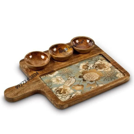 REGAL HANDICRAFT Wooden Serving Platter Mango wood Platter/Tray Printed Servin Platter with Handle |Appetizer Plate | Snacks Serving Platter with 3 Bowls, 37x24 cm