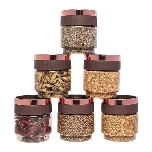 (300 ML SET OF 4) Stackable Containers for Kitchen with Lid Storage Jar Easy to Clean Airtight Canister Wide Mouth Rose Gold Plated 300ml Each, brown