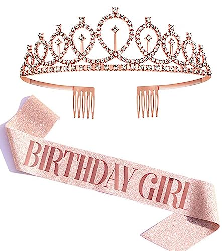 Shining Diva Fashion Latest Birthday Sash and Crown for Girls Decorations Items Birthday Gifts for Girls Women Kids Sister Best Friend 10, 15, 16, 12, 18, 20, 8 + years Teenager (Rose Gold) (14860hb)