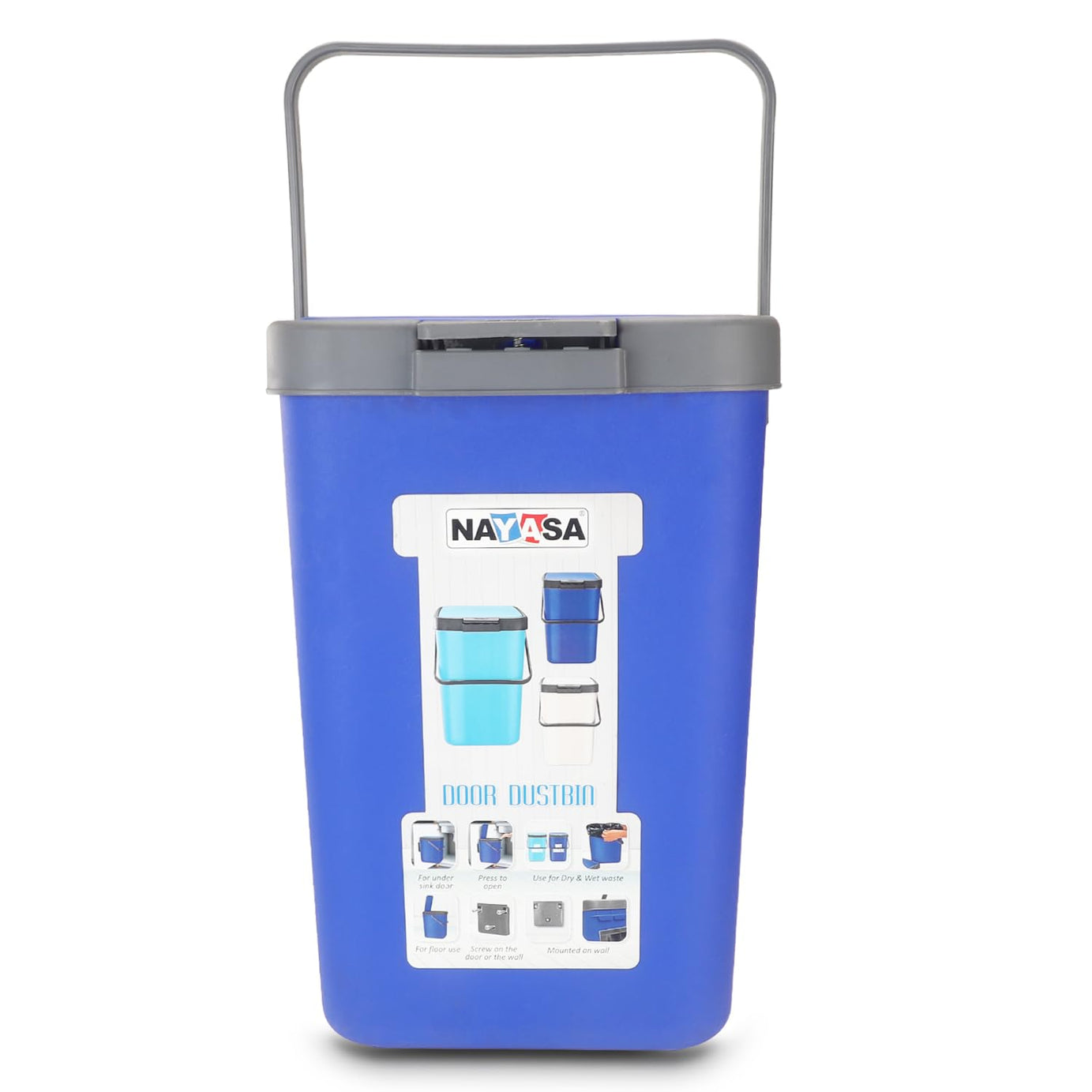 Nayasa Door Dustbin Big- 18 Ltrs Waste Paper Bin Wall Mounting Dustbin With Lid, Press Button To Open & Sturdy Handle, Easy To Lift, Ideal For Home/Kitchen/Office, L 21.5 X B 28 X H 33 Cm, Blue