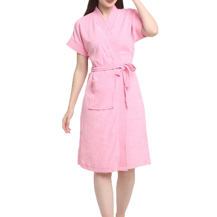 CREEVA Everyday Terry Unisex Bathrobe Collection With kimono collar and 1 Pocket,Half Sleeve Bath Robe Super Soft Light Weight, Highly Absorbent-Perfect for Gym, Shower, Spa, Hotel, Nightwear, Gift, Free Size - Baby Pink