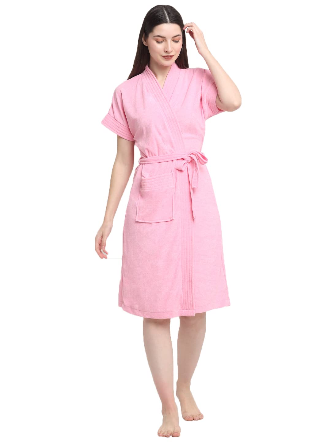 CREEVA Everyday Terry Unisex Bathrobe Collection With kimono collar and 1 Pocket,Half Sleeve Bath Robe Super Soft Light Weight, Highly Absorbent-Perfect for Gym, Shower, Spa, Hotel, Nightwear, Gift, Free Size - Baby Pink