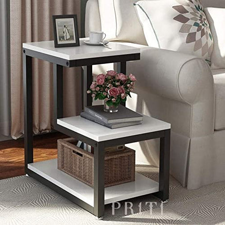 Priti Modern End Tables, 3-Tier Chair Side Table Night Stand with Storage Shelf for Living Room, Bedroom, Entryway (White, Engineered Wood)