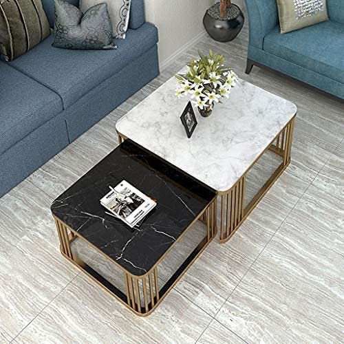 RIZIK STORE Iron Frame Handmade Square 20"X20" Coffee/Nesting/Side/Center Table With Marble Mdf White Top For Living Room/Drawing Room/Balcony (Set Of 2) (Black & White)