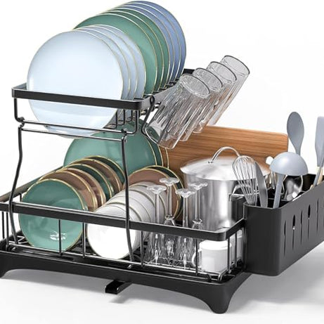 Abhsant Dish Drying Rack for Kitchen Counter Large Capacity Metal Dish Drainer Organizer with Utensil Holder, 2-Tier Dish Drying Rack with Drain Board(281 RACK)