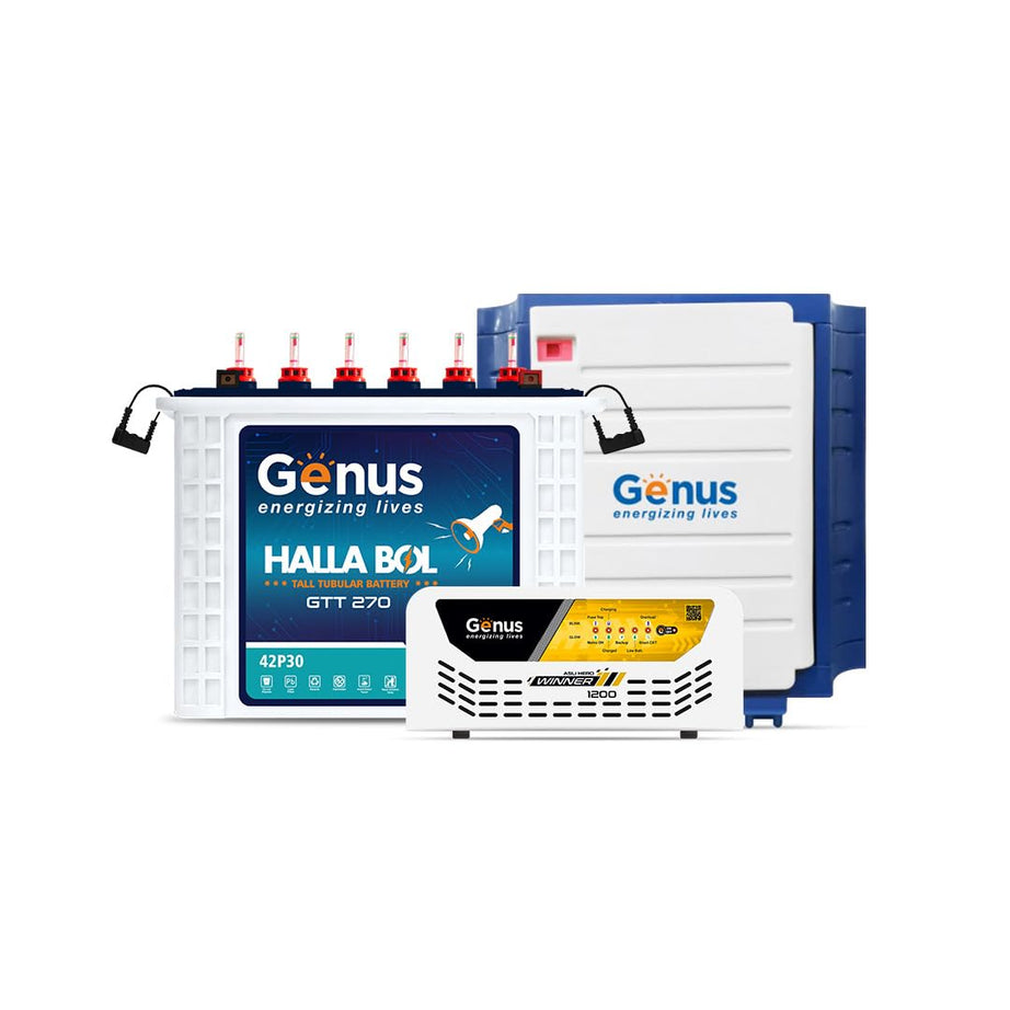 Genus Inverter Battery Combo - Winner 1200 Pure Sine Wave 900VA/12V Inverter 3 Years Warranty + GTT270 Tall Tubular 230Ah Battery with 72 Months (42 FOC + 30 Pro-RATA) Warranty for Home Appliances