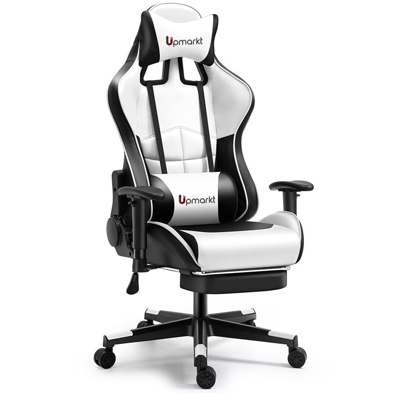 Upmarkt Multi-Functional Ergonomic Gaming Chair with Adjustable Armrests, Wear Resistant Faux Leather, Adjustable Neck & Lumbar Pillow (White)