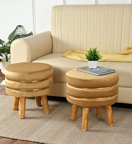 NACIA Ottoman Stool for Living Room Set of 2 Sitting Pouffes upholstered pouffe Puffy for Foot Rest Home Furniture Mudda Pouf Round Sitting 4 Wooden Legs Foot Stool for Office Room Décor, Beige