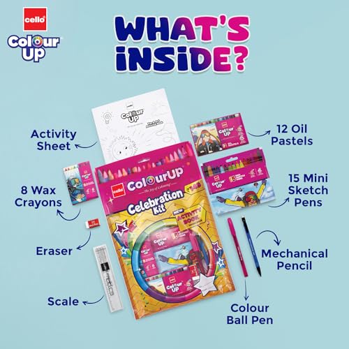 Cello ColourUp Celebration Kit | Colouring Kit includes Crayons, Sketch Pens, Coloured Pens & Activity Book | Ideal for Kids Gifting