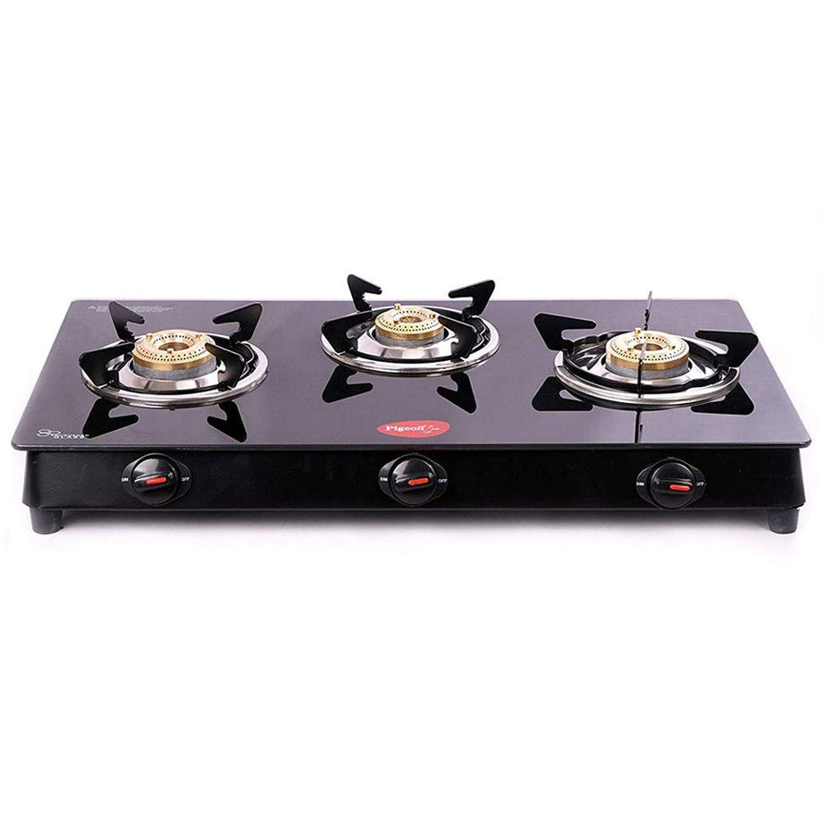 Pigeon by Stovekraft Aster 3 Burner Gas Stove with High Powered Brass Burner Gas Cooktop, Cooktop with Glass Top and Powder Coated Body, Black, Manual Ignition, Standard (14267)