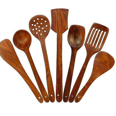 A S Handicrafts Handmade Wooden Non-Stick Serving and Cooking Spoon Kitchen Tool Set of 7 Beautiful (with 1 Key Ring Free)