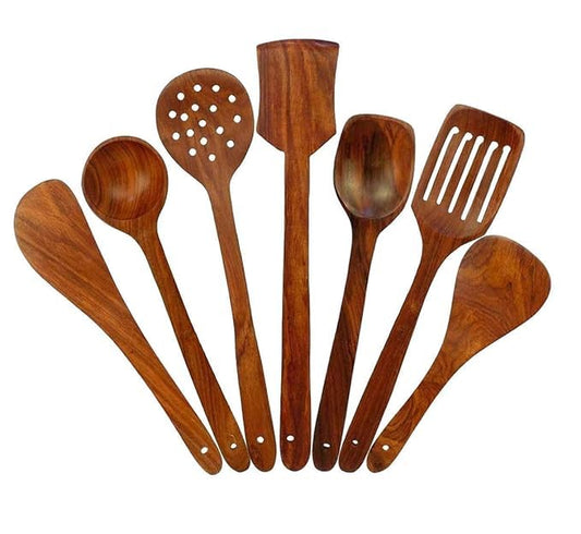 A S Handicrafts Handmade Wooden Non-Stick Serving and Cooking Spoon Kitchen Tool Set of 7 Beautiful (with 1 Key Ring Free)