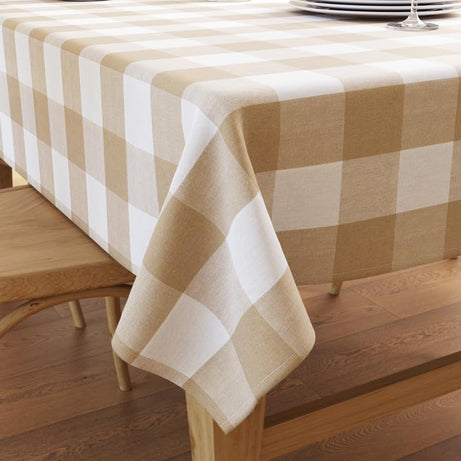 Encasa Cotton Homes Tablecloth for 6 Ft Centre Dining Table - Buffalo Beige Checks, (140X180 Cm) - Yarn Dyed Fabric, Mercerised, Washable, Rectangular for Home Hotel&Restaurant