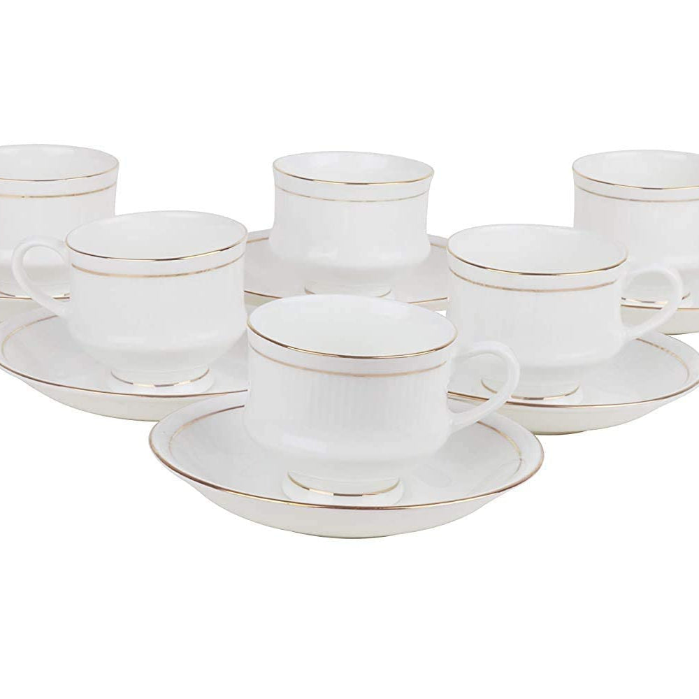 Dream Shades Fine Tableware Bone China Cup And Saucer Set Of 12 (6 Plates & 6 Cups) With Elegant Golden Line - 140 Ml