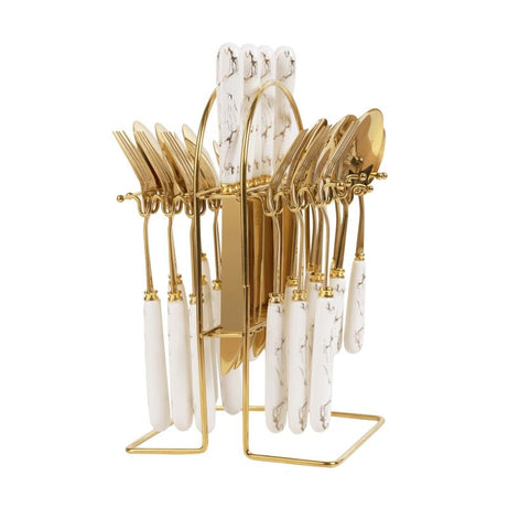 MGeezz Abstract Golden Stainless Steel Spoons, Forks & Knives Set with Stand and White Ceramic Marble Design Handle with Exquisite Pattern Cutlery Sets of 24