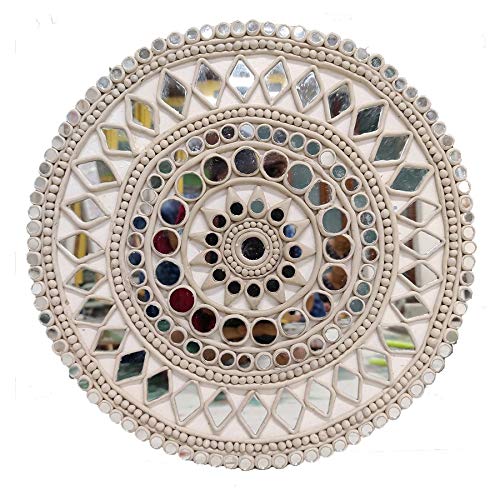 AMA Art Studio Hand Made Mud Mirror Wall Frame (12 Inch Diameter, AMAMMC12x1) White and Mirror, Round, Framed