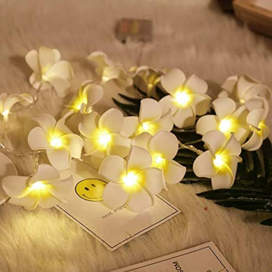 SATYAM KRAFT 1 Pcs Battery Operated Plumeria Flower Lights 10 Artificial Hawaii Foam Flower Fairy Rice Led Light for Mandir Pooja Room, Wedding, Birthday Decoration (Acrylic) (1.5 Meter)