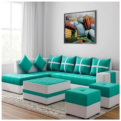 Semanion Craft L Shape 7 Seater Living Room Sofa Set for bedroom hotel home coredor office with Center Table and Ottoman & Comfortable Cushion (Sky Blue)