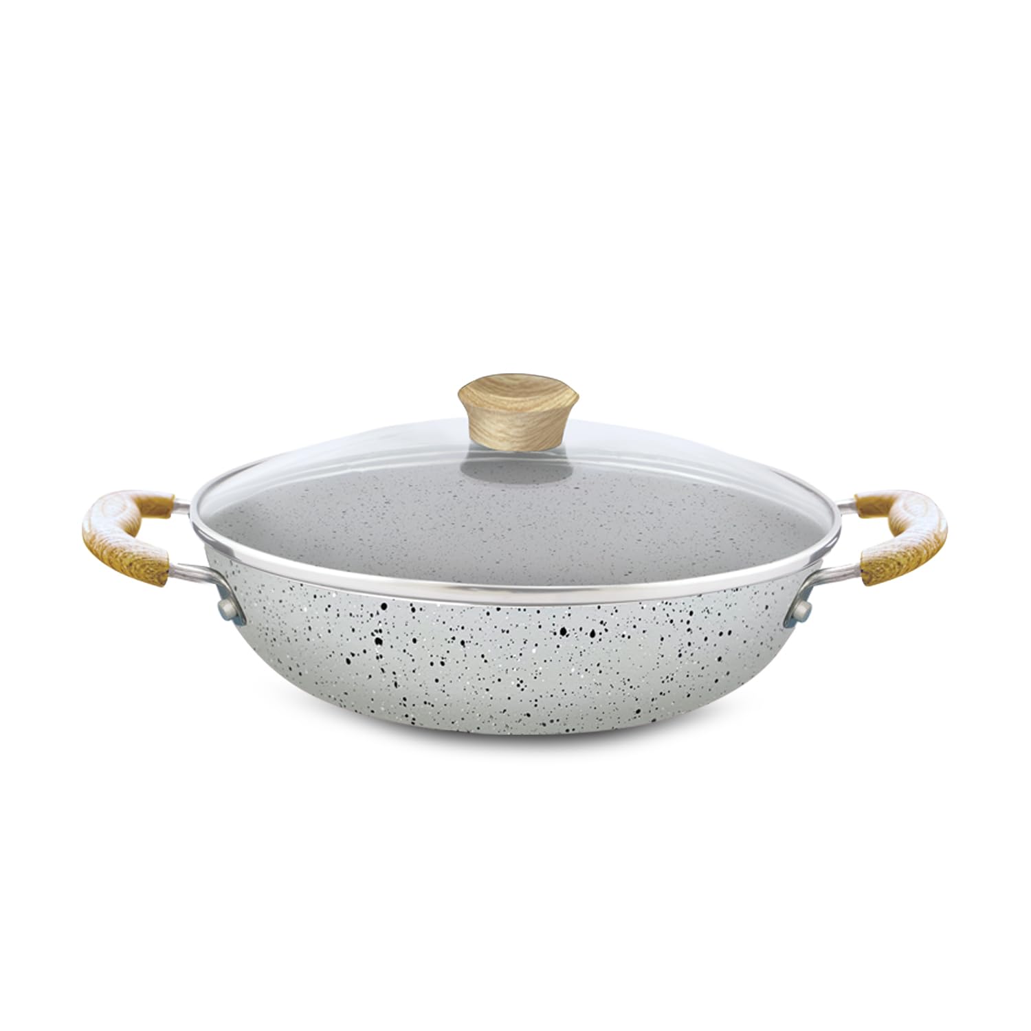 NIRLEP Joy Series 24cm Kadhai with Glass Lid|Granite Finish Non-Stick Kadhai|Wooden Handles| Easy to Clean| Induction Base Kadhai| Easy Cooking| Soft Touch Handles| 1-Yr Warranty be Bajaj| Grey