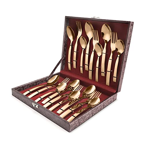 FnS Allie 18 pcs Stainless Steel Rose Gold Cutlery Set with Leatherette Box (6 Dinner Spoon, 6 Dinner Forks, 6 Teaspoon)