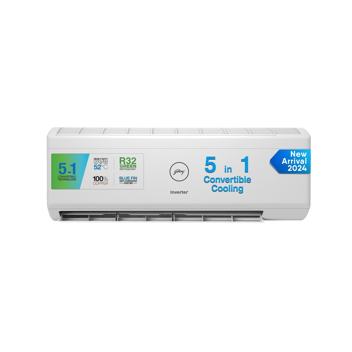 Godrej 1 Ton 5 Star, 5-in-1 Convertible Cooling, Inverter Split AC (2024 Model, Copper, Heavy-Duty Cooling at 52 Deg Celcius, AC 1T EI 12IINV5R32-WWR, White)