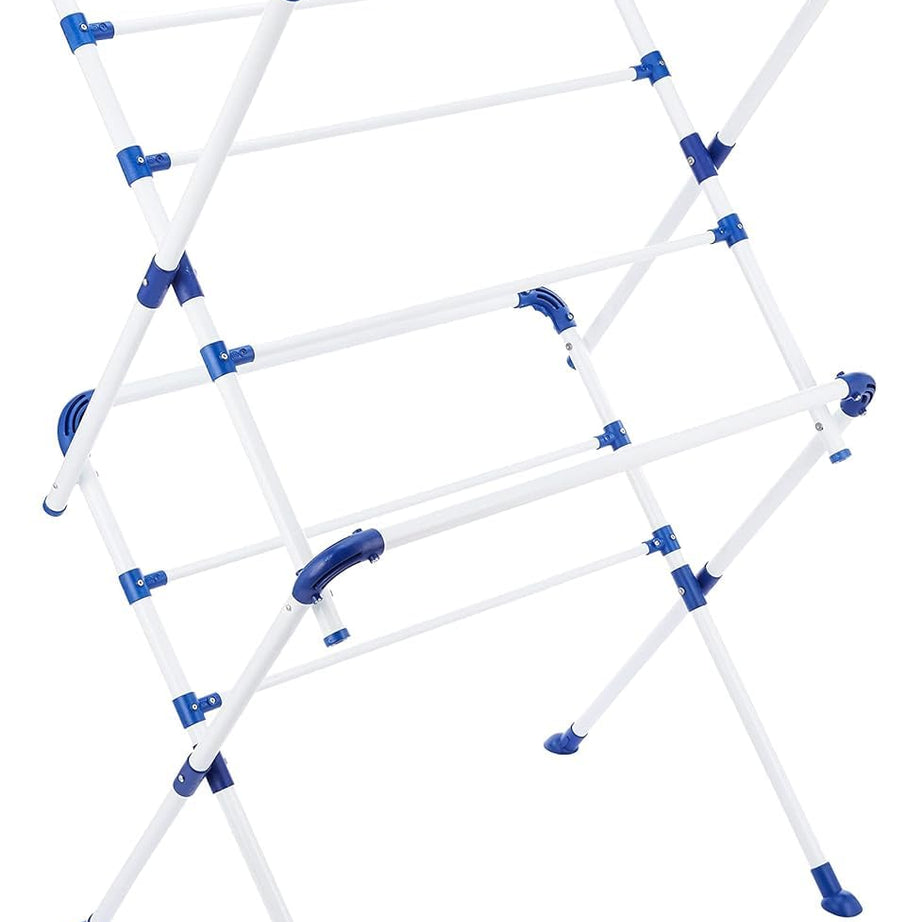 Happer Premium Clothes Stand for Drying with Wheels | Foldable Portable | 2 Layer Rack for Balcony | 13 Hanger Rods and 10 Additional Hooks | Anti Rust Steel Metal (White Blue | Sumo)