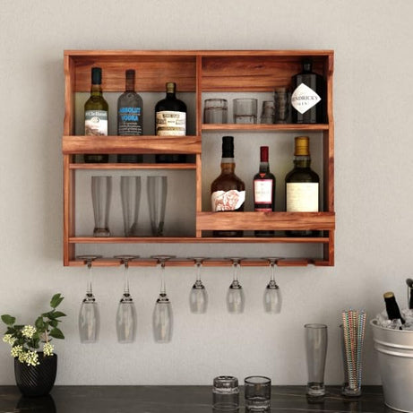 Kunjal Furniture Wooden Wall Mounted Wine Rack, Bar Cabinet with Glass Storage - Wall Hanging Mini Bar for Home - Wine Holder Upside Down Glass Hanging Organizer (Teak Finish)