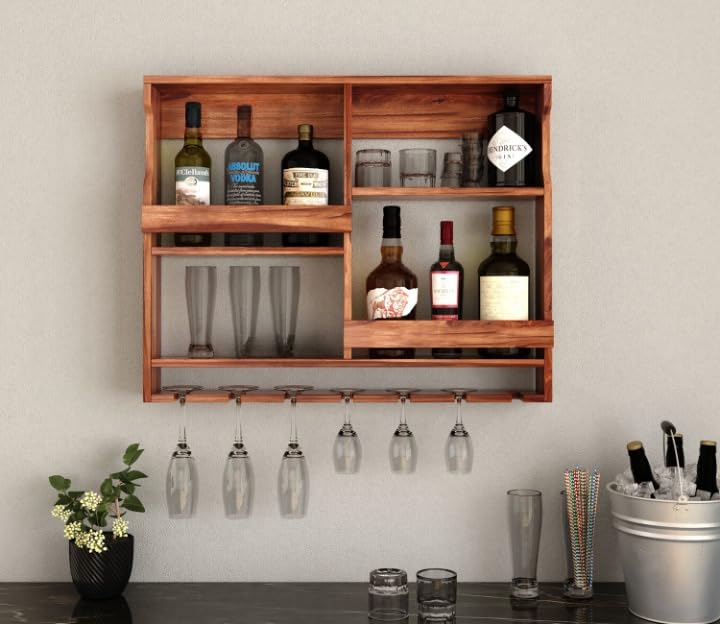 Kunjal Furniture Wooden Wall Mounted Wine Rack, Bar Cabinet with Glass Storage - Wall Hanging Mini Bar for Home - Wine Holder Upside Down Glass Hanging Organizer (Teak Finish)