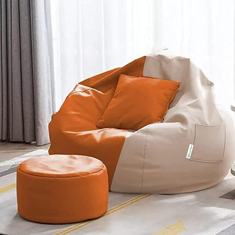 FUSION WORLD- Original Faux Leather 4XL Filled with Beans Bean Bag with Footrest and Cushion XXXXL Adult Size Bean Bag | Capactity- Upto 6feet (Ready to Use) (XXXXL, CREAM ORANGE)