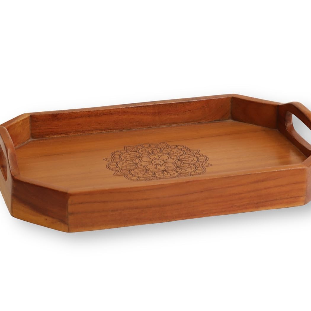 Vesta Homes Acacia Wood Serving Tray for Home/Kitchen/Restaurant/Office Organizer/Dining Table | Premium Serving Trays | 40 x 27 x 8 cm | Handcrafted in India