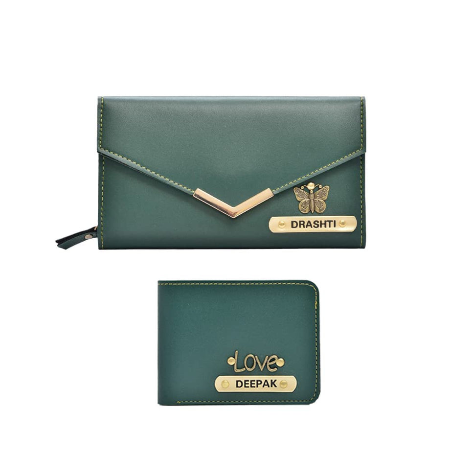 YOUR GIFT STUDIO Customized Anniversary Gift For Couple Personalized Gift Set For Couple With Name And Charm Customized Leather Lady Wallet & Men Wallet, Green