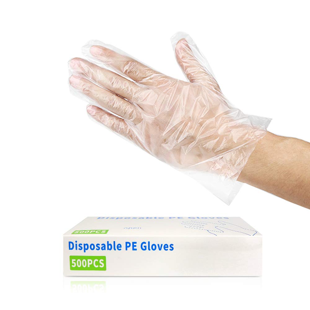 CFGROW 500Pcs Disposable Plastic Gloves, Latex Free Powder Free Clear Polyethylene Hand Gloves Non-Sterile For Cleaning- Cooking, Hair Coloring, Dishwashing, Food Handling, Large, Pack of 2