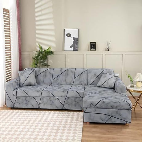 Lukzer L-Shaped Sofa Cover for Living Room Furniture, Flexible Slipcover for Couches and More (Right Hand Side, Grey Marble)