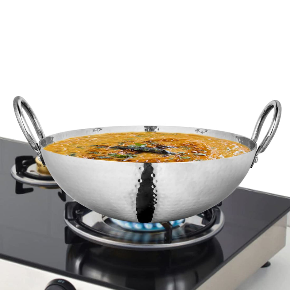 Shri & Sam Stainless Steel 2.1 Litre Triply Deep Pro Light Weight Hammered Kadhai, 24 cm, 952 Grams