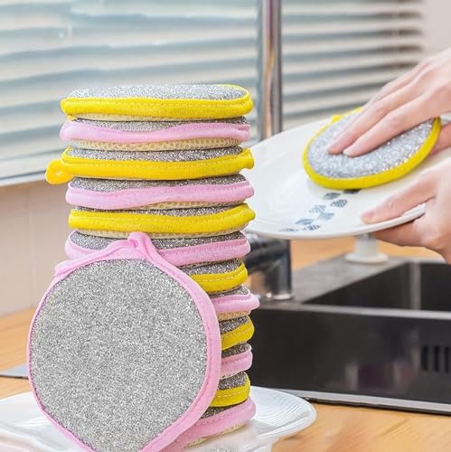 Lochlyn 2 in 1 Dish Sponges, Double Sided Non-Scratch Scrub Cleaning Sponges, Rough Scrubbers Side for Non-Stick Cookware, Soft Microfiber Scrub Side for Dishes (Pack of 5 Pcs Multicolor)