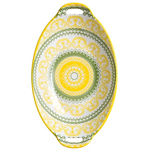 Nestasia Yellow and Green Mandala Ceramic Long Dish with Handles for Serving Snacks, Appetizers, Salads, and Noodles| Microwave Safe, Dishwasher Safe (10.8 Inch)