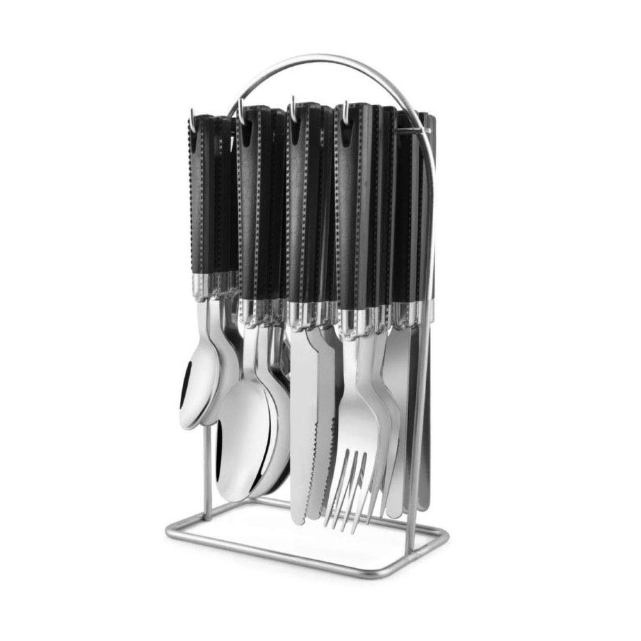 Elegante Ritz Stainless Steel Cutlery Set for Dining Table with Stand - 24 Pcs. (Contains: 6 Dinner Spoons, 6 Dinner Forks, 6 Dinner Knives & 6 Tea Spoons + 1 Stand) (Black)