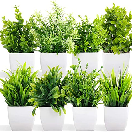 Dekorly Artificial Potted Plants, 8 Pack Artificial Plastic Eucalyptus Plants Small Indoor Potted Houseplants, Small Faux Plants for Home Decor Bathroom Office Farmhouse (Set 0F 8)