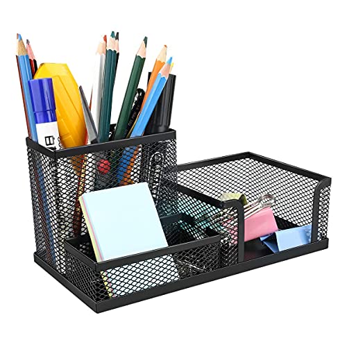 Orzix Compartment Metal Mesh Desk Organizer Stationary Storage Stand Pen, Pencil Holder For Office, Home, And Study Table (3 Compartment) - Black