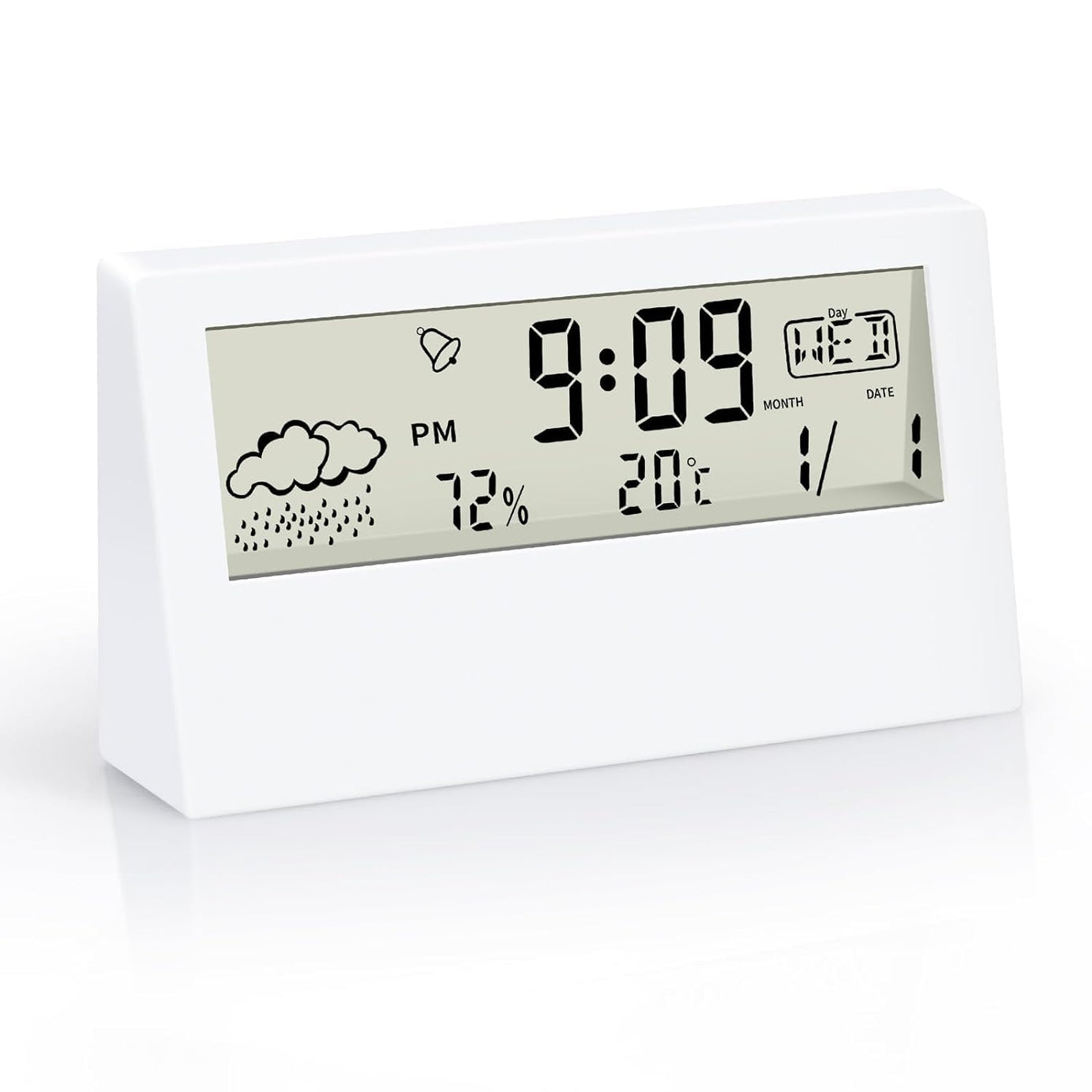 KADIO Digital Alarm Clock, Transparent LCD Display with Indoor Temperature, Humidness, Snooze, Date,Week,12/24h, Battery Operated Alarm Clock Desk Clock for Bedrooms, Living Room, White